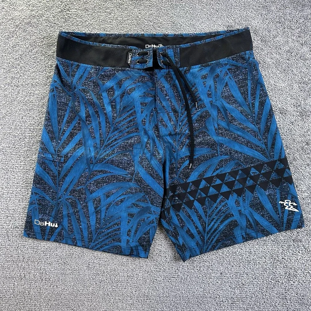 Da Hui Mens Blue Palm Print Board Shorts Swim Trunks Size 40 Pockets Hawaiian